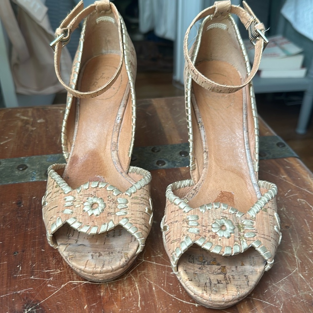 Size 9, Jack Rogers cork platform wedge heels with gold detailing.
